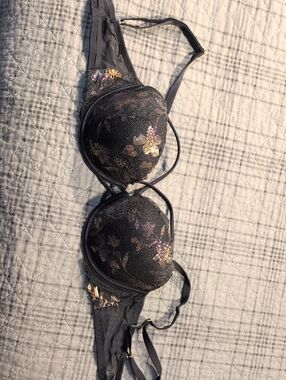 PINK Victoria's Secret Black Lace Bra with Metallic Floral Accents